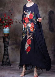 Loose Black O-Neck Tassel Floral Print Silk Long Dress Gown Batwing Sleeve