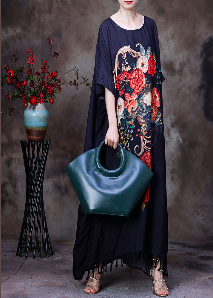 Loose Black O-Neck Tassel Floral Print Silk Long Dress Gown Batwing Sleeve