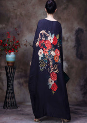 Loose Black O-Neck Tassel Floral Print Silk Long Dress Gown Batwing Sleeve