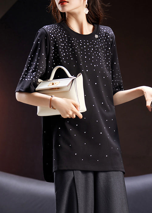 Loose Black O Neck Zircon Cotton T Shirt Short Sleeve