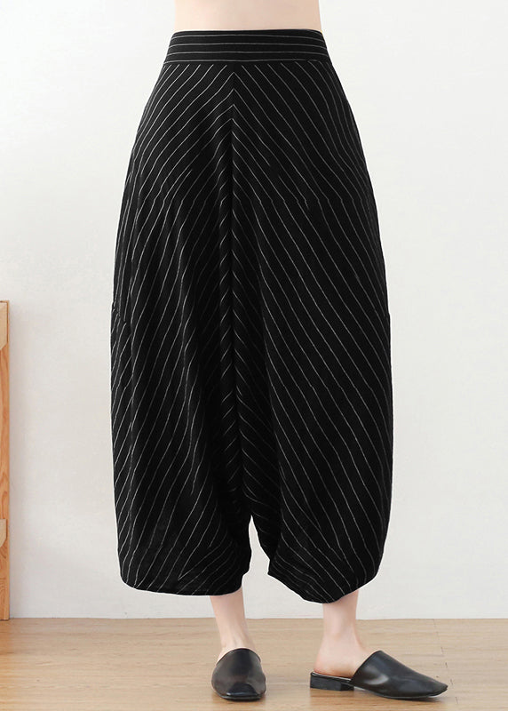 Loose Black Original Design Pockets Striped Linen Harem Pants Summer