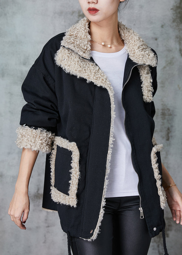 Loose Black Oversized Patchwork Fleece Wool Lined Coat Winter