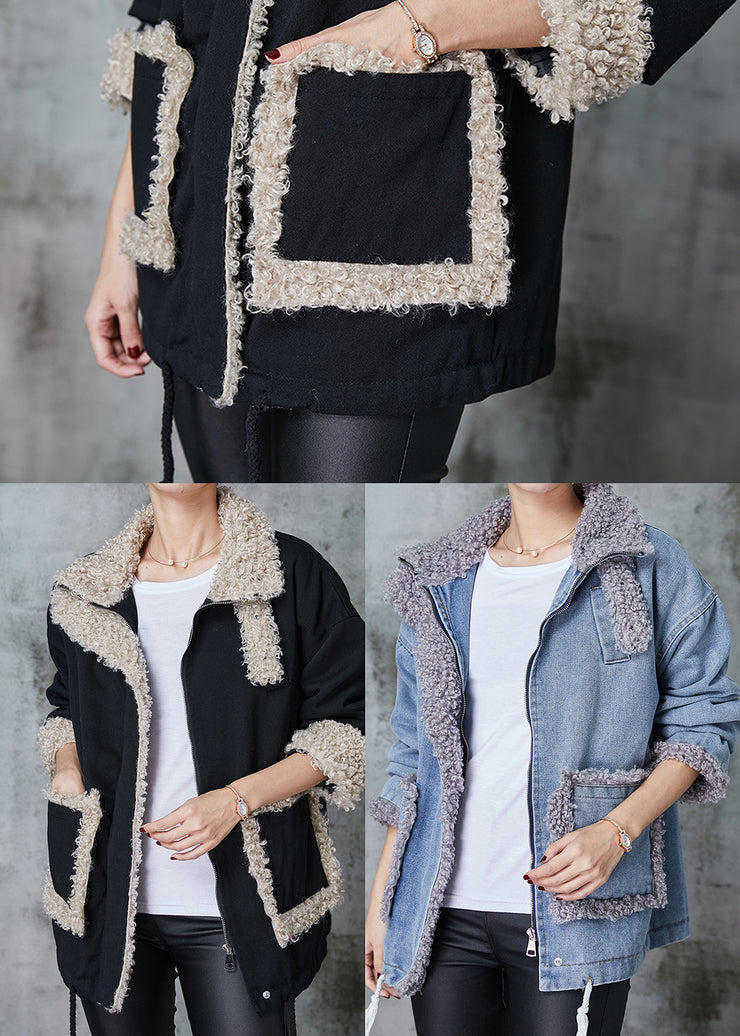 Loose Black Oversized Patchwork Fleece Wool Lined Coat Winter