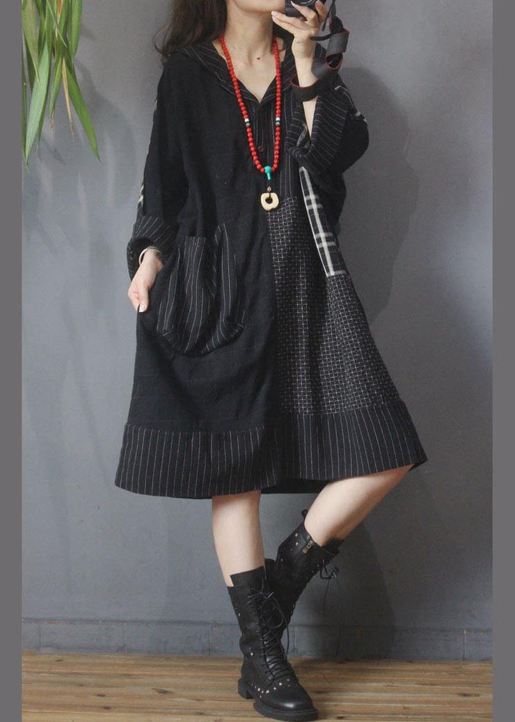 Loose Black Patchwork Cotton Dress hooded Cotton Linen Summer Mid Dress - bagstylebliss
