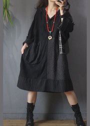 Loose Black Patchwork Cotton Dress hooded Cotton Linen Summer Mid Dress - bagstylebliss