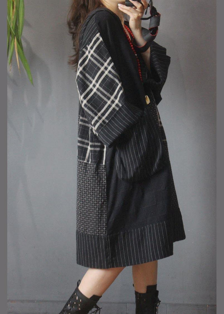 Loose Black Patchwork Cotton Dress hooded Cotton Linen Summer Mid Dress - bagstylebliss