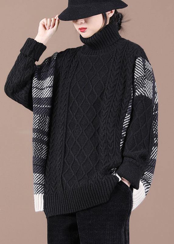 Loose Black Patchwork Fall Knit Sweater - bagstylebliss