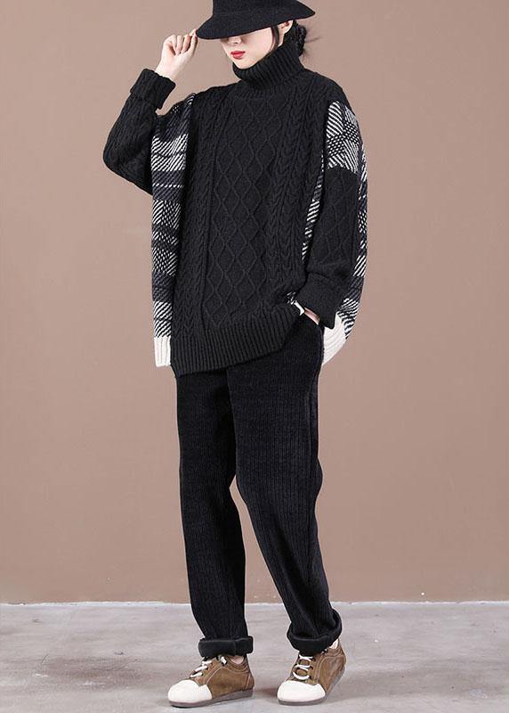 Loose Black Patchwork Fall Knit Sweater - bagstylebliss