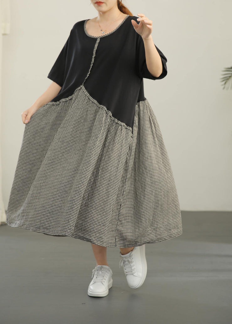 Loose Black Patchwork Plaid asymmetrical design Dresses Summer Cotton Linen - bagstylebliss