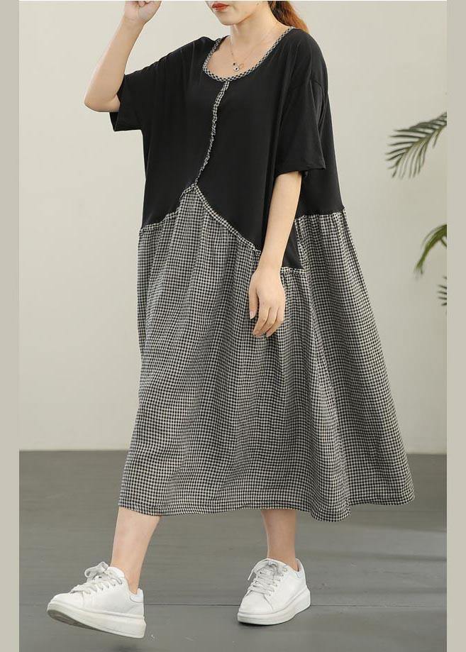 Loose Black Patchwork Plaid asymmetrical design Dresses Summer Cotton Linen - bagstylebliss