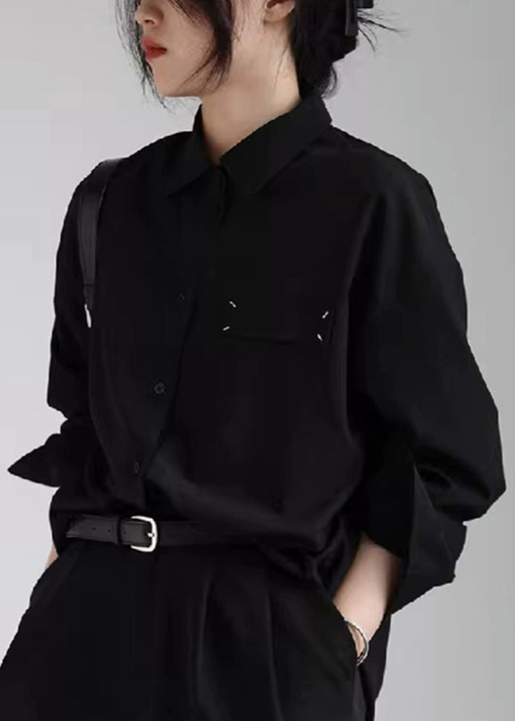Loose Black Peter Pan Collar Button Patchwork Cotton Shirt Long Sleeve