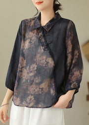 Loose Black Peter Pan Collar Button Print Linen Shirts Spring