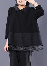 Loose Black Peter Pan Collar Fake Two Pieces Sweatshirt Long Sleeve