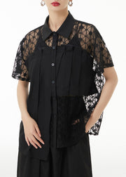 Loose Black Peter Pan Collar Hollow Out Lace Patchwork Shirts Summer