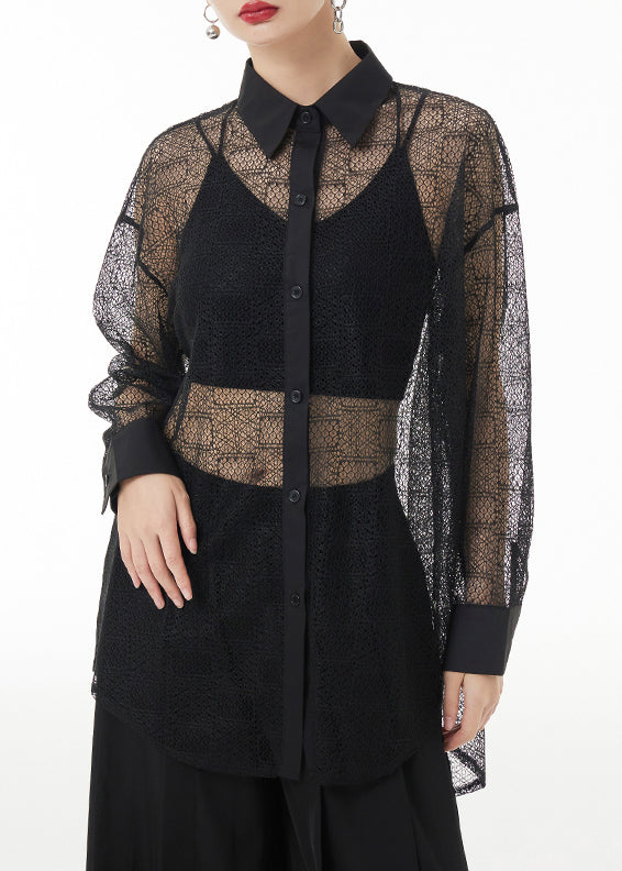 Loose Black Peter Pan Collar Hollow Out Patchwork Lace Shirt Long Sleeve