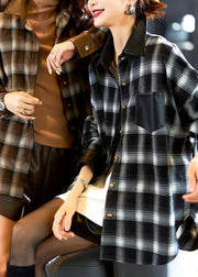 Loose Black Peter Pan Collar Plaid Side Open Button Shirt Fall