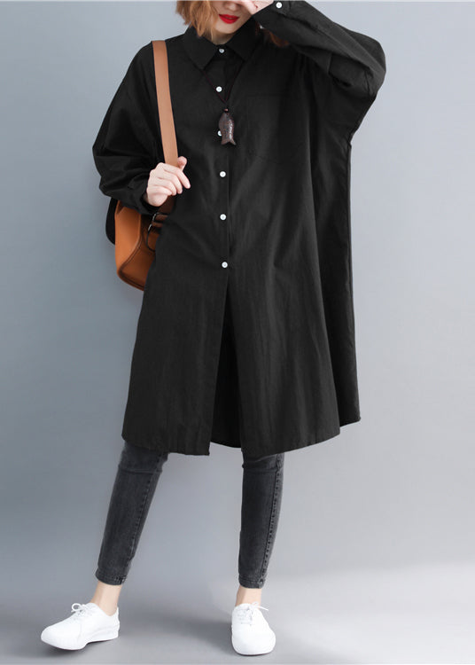 Loose Black Peter Pan Collar Pockets Cotton Mid Shirt Spring