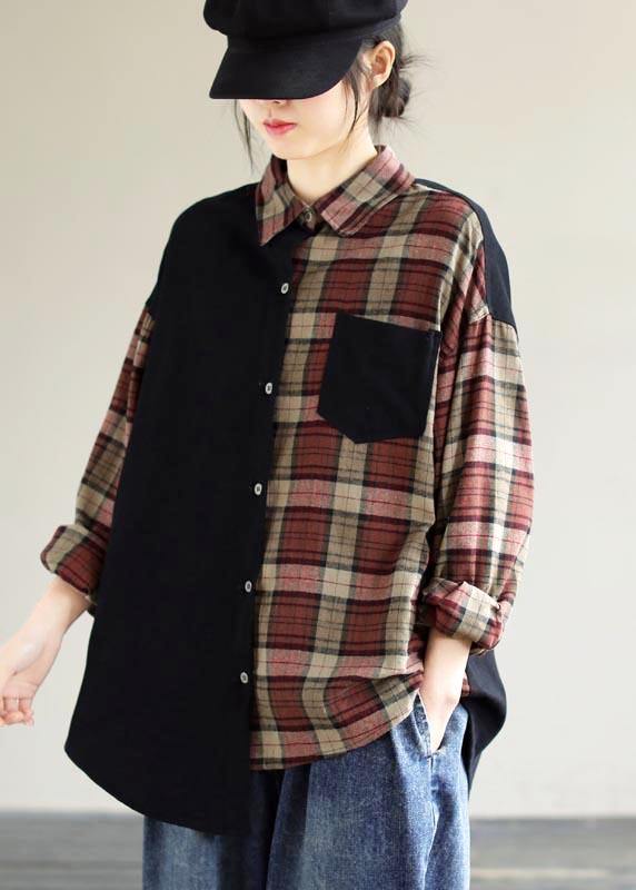 Loose Black Plaid For Women Lapel Patchwork Short Spring Top - bagstylebliss