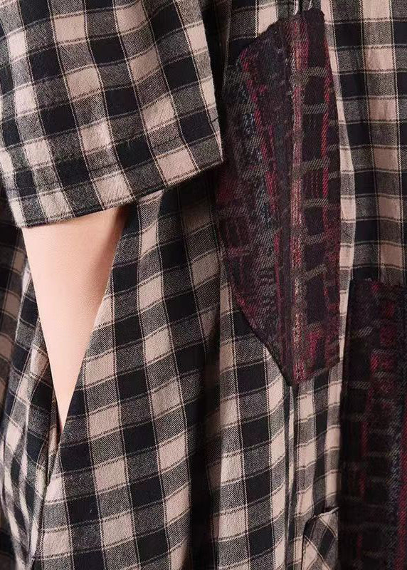 Loose Black Plaid O Neck Pockets Patchwork Cotton Dress Fall