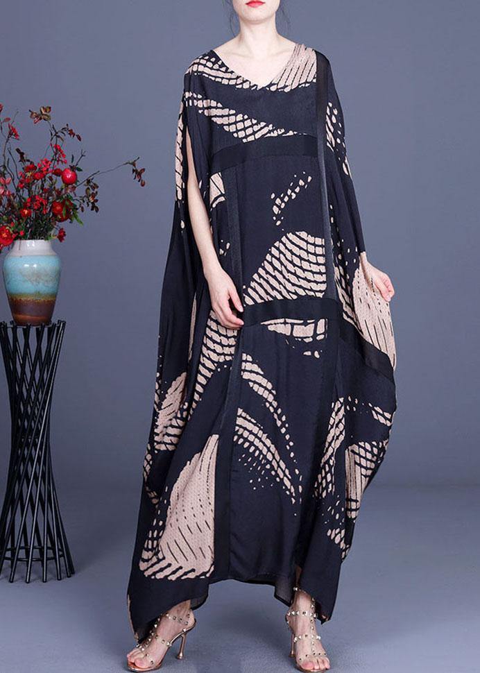 Loose Black Print O-Neck Batwing Sleeve Silk Dresses Summer - bagstylebliss