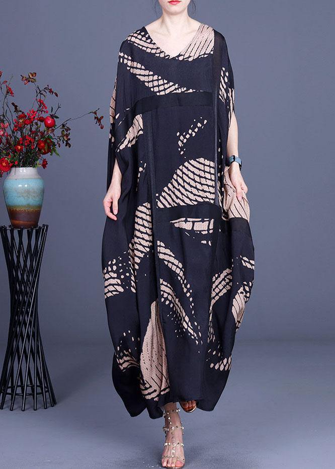 Loose Black Print O-Neck Batwing Sleeve Silk Dresses Summer - bagstylebliss