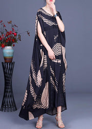 Loose Black Print O-Neck Batwing Sleeve Silk Dresses Summer - bagstylebliss