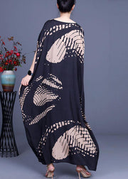 Loose Black Print O-Neck Batwing Sleeve Silk Dresses Summer - bagstylebliss