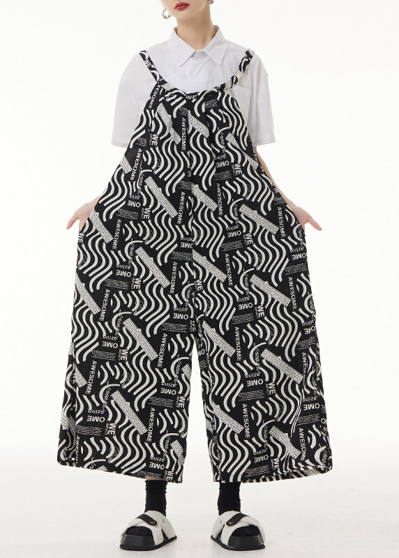 Loose Black Print Pockets Patchwork Silk Cotton Jumpsuits Sleeveless