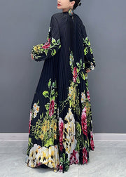 Loose Black Print Wrinkled Patchwork Chiffon Long Dresses Fall