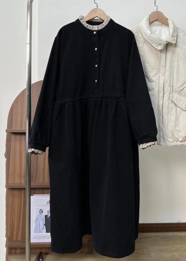 Loose Black Ruffled Button Cotton Long Dress Spring