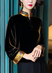 Loose Black Stand Collar Button Silk Velour Top Long Sleeve