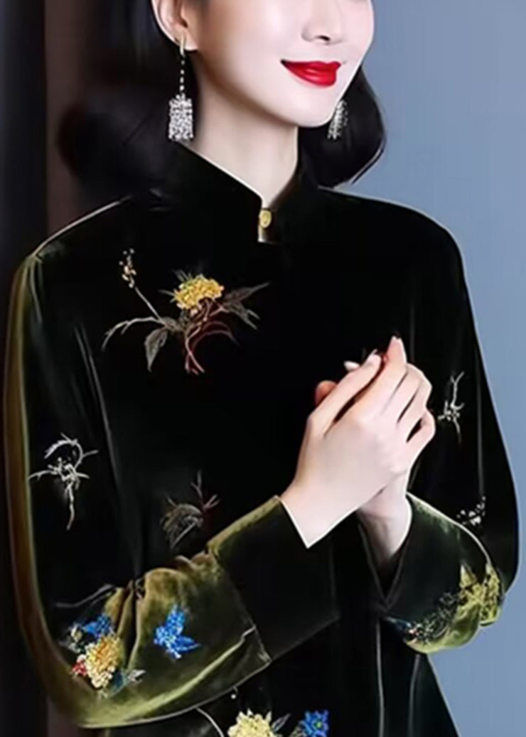 Loose Black Stand Collar Embroidered Patchwork Silk Velour Top Long Sleeve