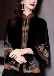 Loose Black Stand Collar Embroidered Silk Velour Coats Flare Sleeve