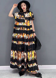 Loose Black Stand Collar Oversized Wrinkled Character Print Chiffon Long Dresses Short Sleeve