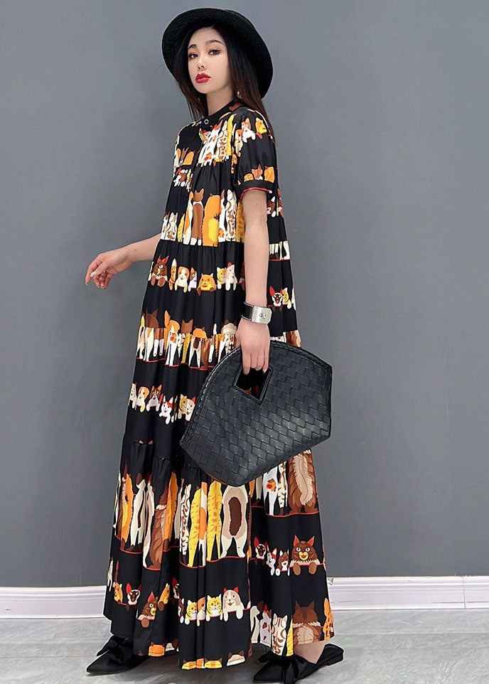 Loose Black Stand Collar Oversized Wrinkled Character Print Chiffon Long Dresses Short Sleeve