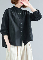 Loose Black Stand Collar Patchwork Cotton Shirt Tops Fall