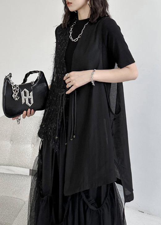 Loose Black Tasseled Chinese Button Patchwork Chiffon Waistcoat Sleeveless