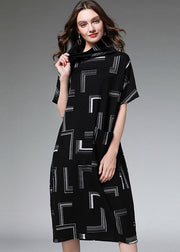 Loose Black Turtle Neck Print Dress Half Sleeve