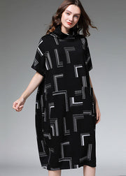 Loose Black Turtle Neck Print Dress Half Sleeve