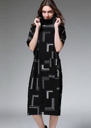 Loose Black Turtle Neck Print Dress Half Sleeve