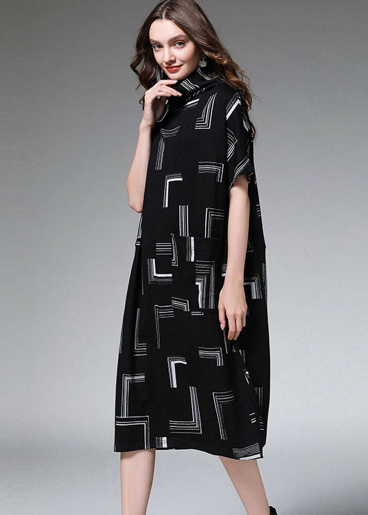 Loose Black Turtle Neck Print Dress Half Sleeve