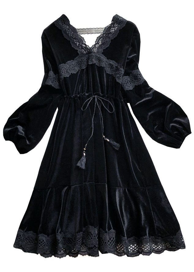 Loose Black V Neck Cinched Patchwork Velour Dress Winter