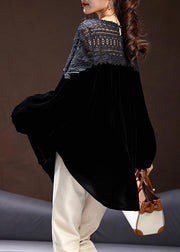 Loose Black V Neck Lace Patchwork Silk Velour Tops Spring