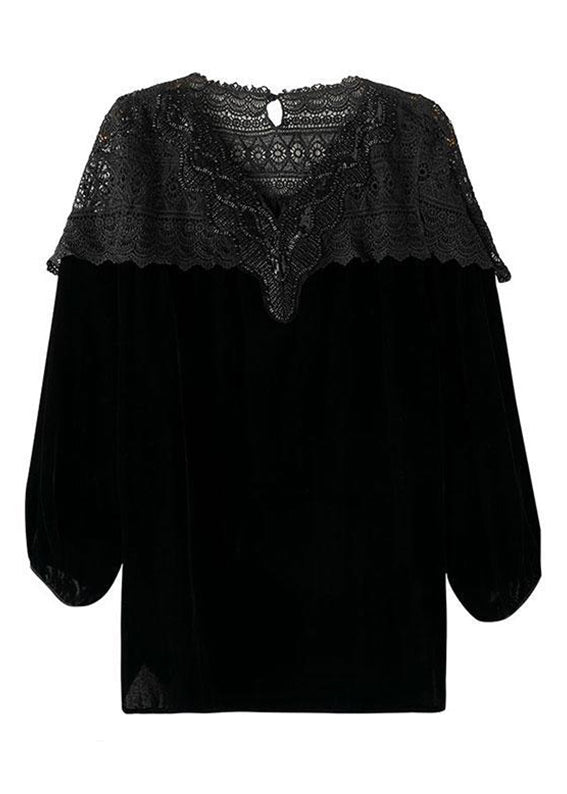 Loose Black V Neck Lace Patchwork Silk Velour Tops Spring