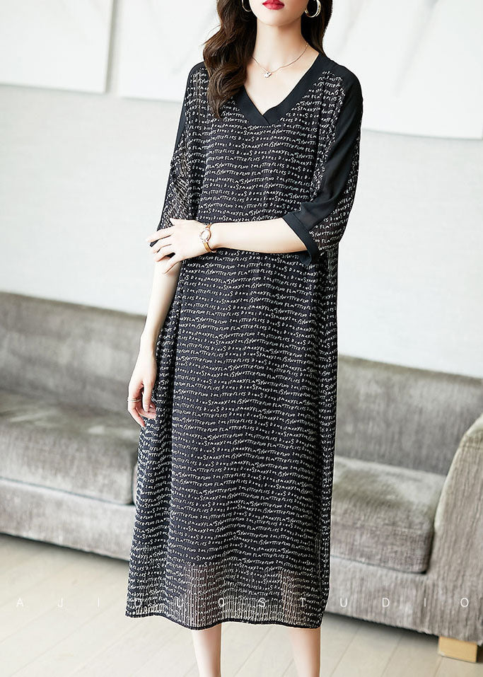 Loose Black V Neck Letter Print Chiffon Long Dresses Half Sleeve