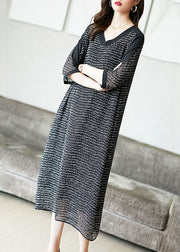 Loose Black V Neck Letter Print Chiffon Long Dresses Half Sleeve