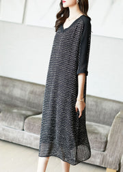 Loose Black V Neck Letter Print Chiffon Long Dresses Half Sleeve