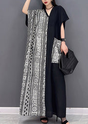 Loose Black V Neck Print Patchwork Long Dresses Short Sleeve