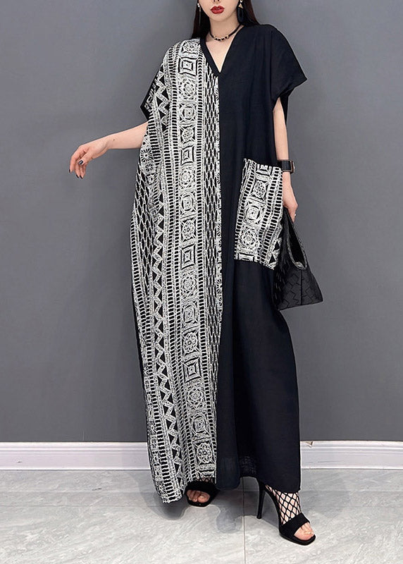 Loose Black V Neck Print Patchwork Long Dresses Short Sleeve