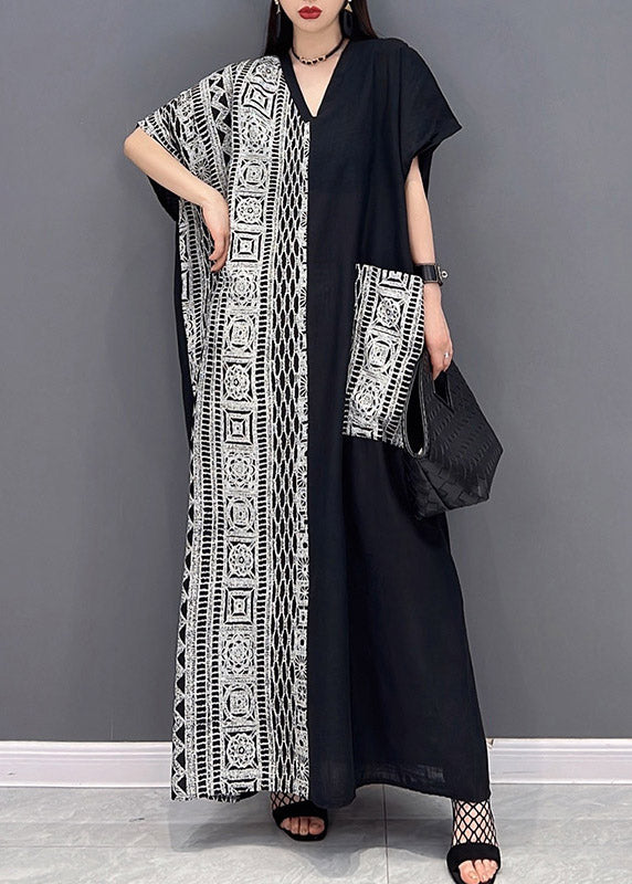 Loose Black V Neck Print Patchwork Long Dresses Short Sleeve